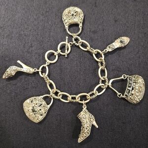 Vintage Silvertone Marcasite Charm Bracelet